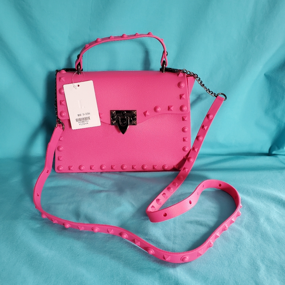 NWT Womens J Fuchsia Jelly Spike Hand Bag and Detachable Shoulder Straps